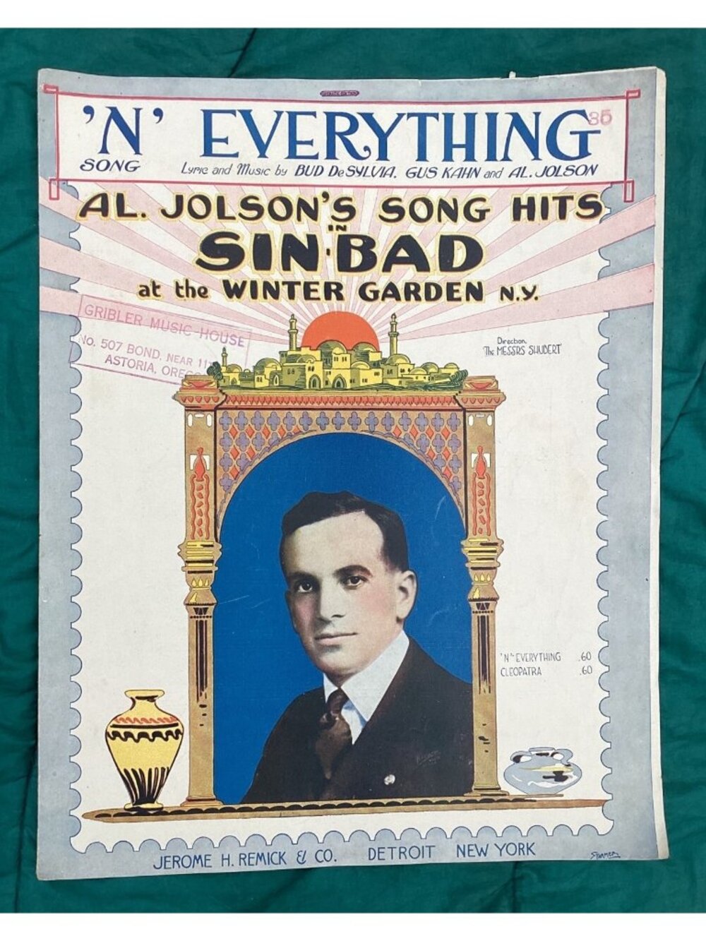 1918 Al Jolson’s Song Hits Sinbad Sheet Music Al Jolson Photo Remick
